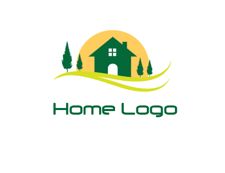 sun behind trees and house logo