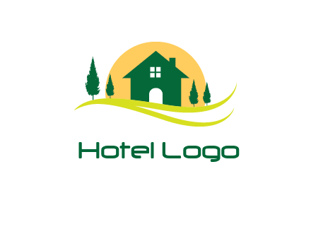 sun behind trees and house logo
