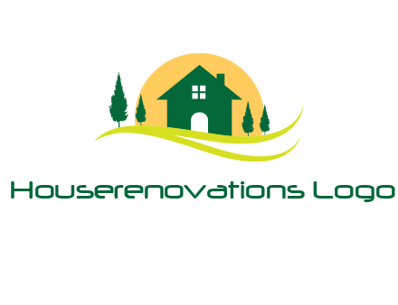 sun behind trees and house logo