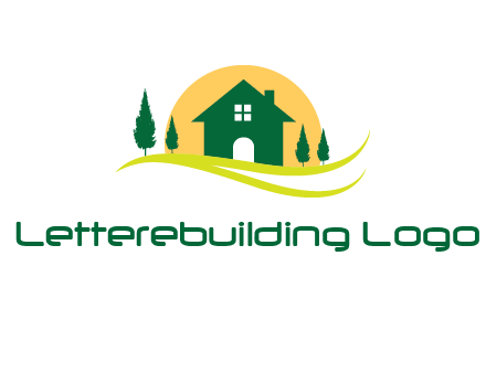 sun behind trees and house logo