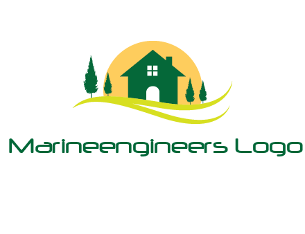 sun behind trees and house logo