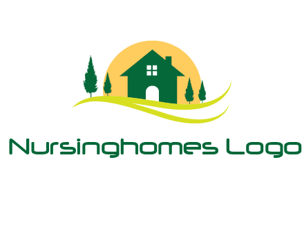 sun behind trees and house logo