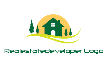 sun behind trees and house logo