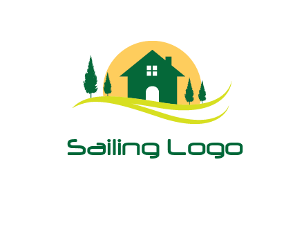 sun behind trees and house logo