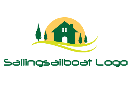 sun behind trees and house logo