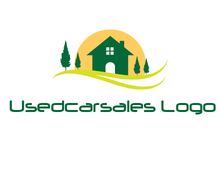sun behind trees and house logo