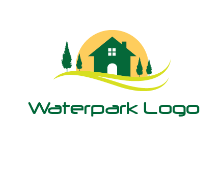sun behind trees and house logo