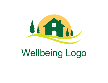 sun behind trees and house logo