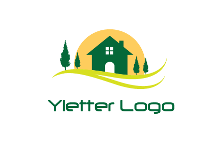 sun behind trees and house logo