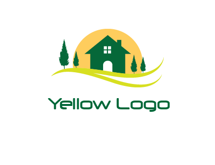 sun behind trees and house logo