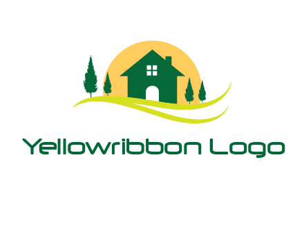 sun behind trees and house logo