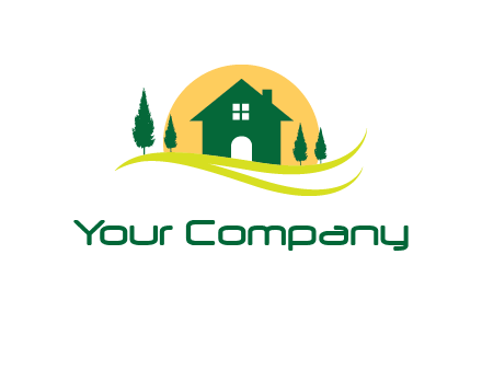 sun behind trees and house logo