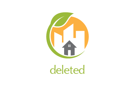 house and buildings with leaf real estate graphic