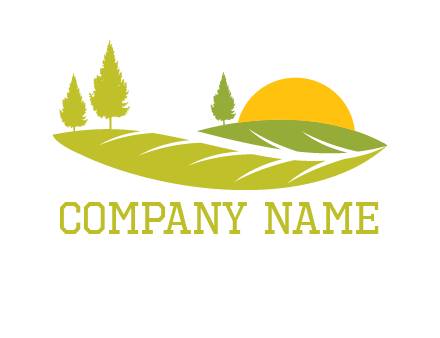 sunset over pine trees and farm logo