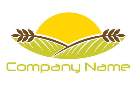 sunset over wheat stalks and farm logo