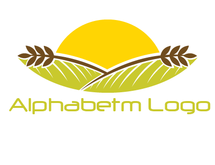sunset over wheat stalks and farm logo