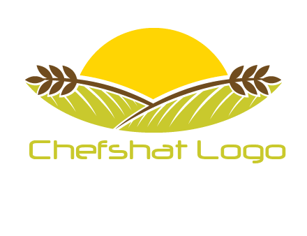 sunset over wheat stalks and farm logo
