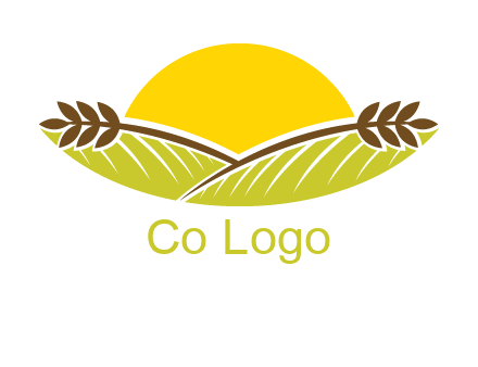 sunset over wheat stalks and farm logo