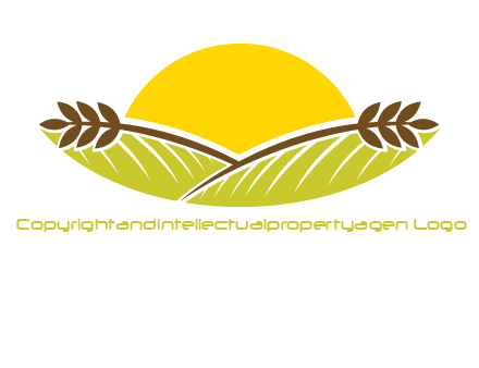 sunset over wheat stalks and farm logo