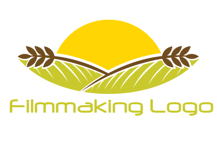 sunset over wheat stalks and farm logo