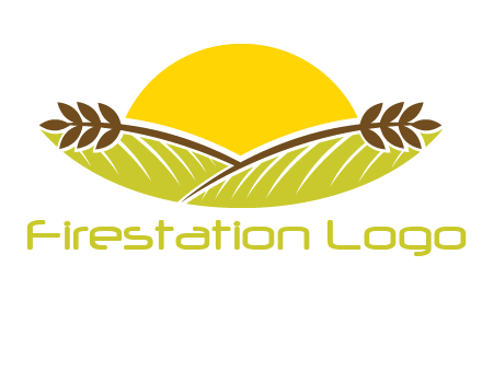 sunset over wheat stalks and farm logo