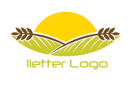sunset over wheat stalks and farm logo