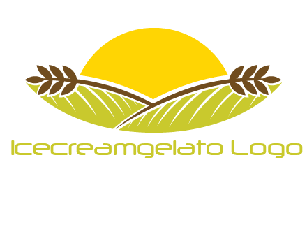 sunset over wheat stalks and farm logo