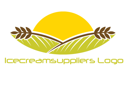 sunset over wheat stalks and farm logo