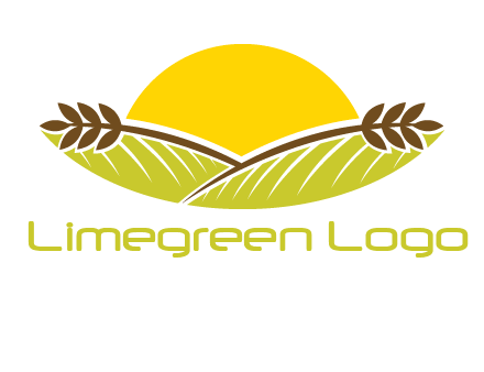 sunset over wheat stalks and farm logo