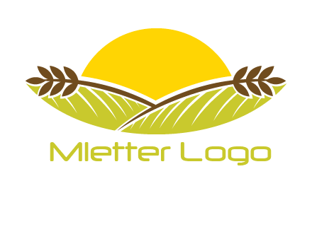 sunset over wheat stalks and farm logo