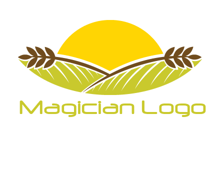 sunset over wheat stalks and farm logo