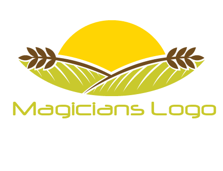 sunset over wheat stalks and farm logo