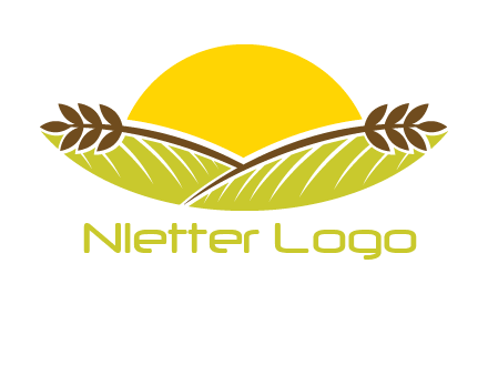 sunset over wheat stalks and farm logo