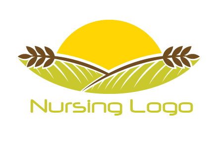 sunset over wheat stalks and farm logo