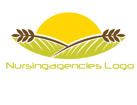 sunset over wheat stalks and farm logo