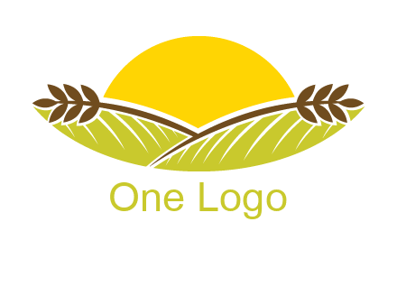 sunset over wheat stalks and farm logo