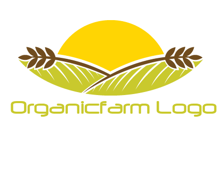 sunset over wheat stalks and farm logo