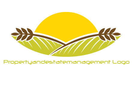 sunset over wheat stalks and farm logo