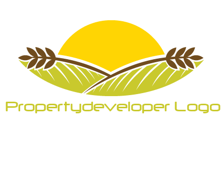 sunset over wheat stalks and farm logo