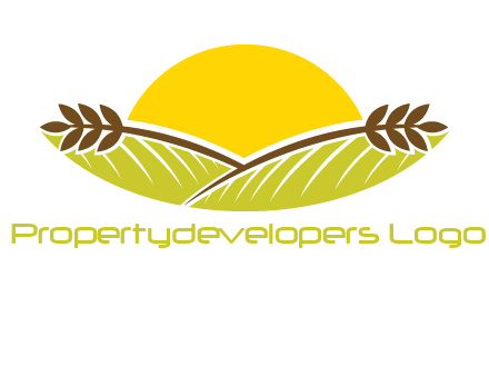 sunset over wheat stalks and farm logo