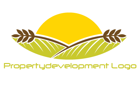 sunset over wheat stalks and farm logo
