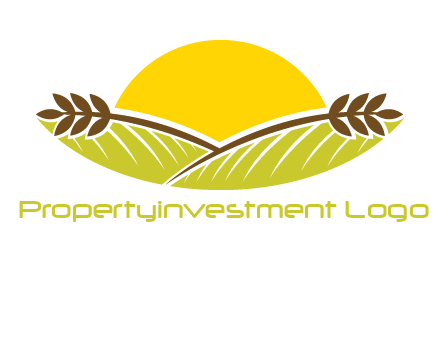 sunset over wheat stalks and farm logo
