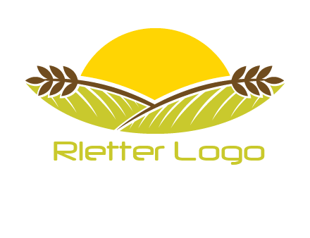 sunset over wheat stalks and farm logo