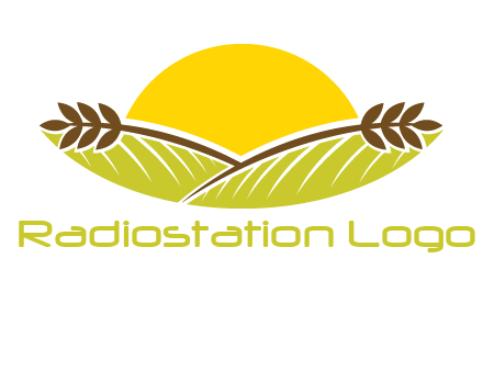sunset over wheat stalks and farm logo