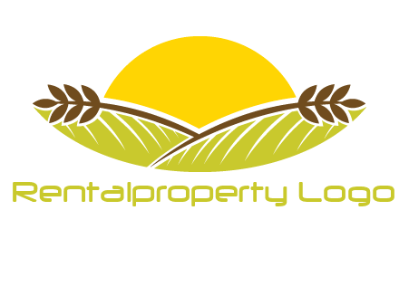 sunset over wheat stalks and farm logo