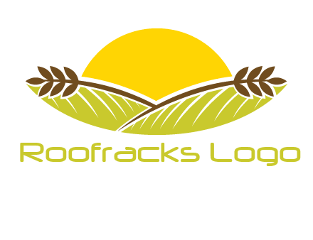 sunset over wheat stalks and farm logo