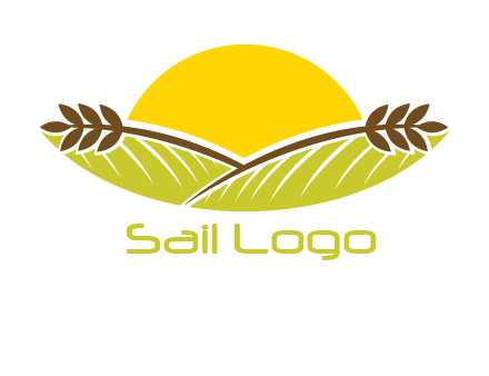 sunset over wheat stalks and farm logo