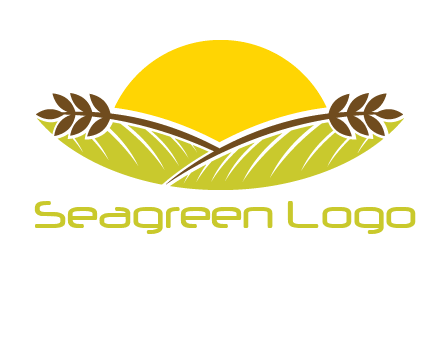 sunset over wheat stalks and farm logo
