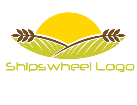 sunset over wheat stalks and farm logo