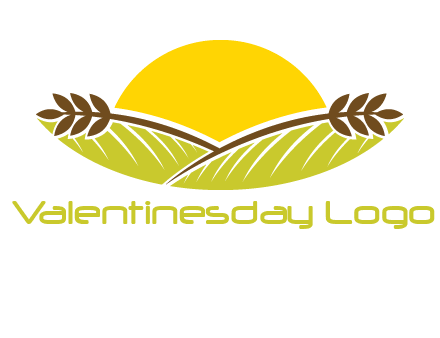 sunset over wheat stalks and farm logo